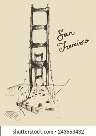 San Francisco bridge, vintage engraved illustration, hand drawn, sketch