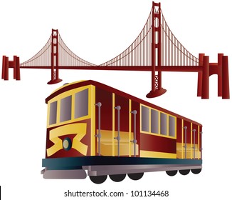 San Francisco Cable Car Trolley And Golden Gate Bridge Illustration