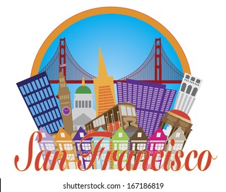 San Francisco Cailfornia Abstract Downtown City Skyline with Golden Gate Bridge and Cable Car Isolated on White Background Vector Illustration