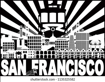 San Francisco California City Skyline with Trolley Sun Rays Golden Gate Bridge Black and White Text vector Illustration