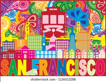 San Francisco California City Skyline with Trolley Sun Rays Golden Gate Bridge Text Paisley Pattern Color vector Illustration