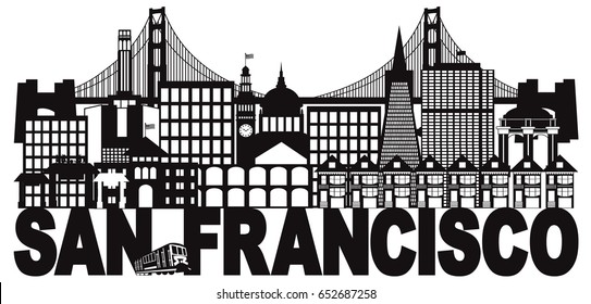 San Francisco California City Skyline with Golden Gate Bridge Black and White Text vector Illustration