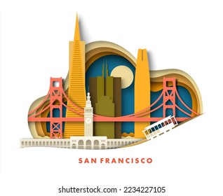 San Francisco California city in USA travel landscape vector illustration in paper cut craft art origami style. Panorama of famous skyscraper tower building architecture and bridge landmark