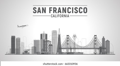 San Francisco California line city skyline vector lines illustration. Background with city panorama on a blue sky. Travel picture.