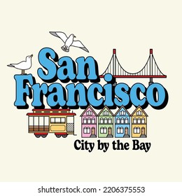 San Francisco California Retro Vector Illustration Text with Icons