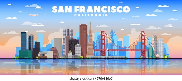 San Francisco California skyline com panorama no fundo do céu. Ilustração vetorial. Conceito de viagens de negócios e turismo com edifícios modernos. Imagem para banner ou site.