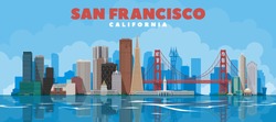 San Francisco California Skyline Vector Lines Illustration. Background With City Panorama On A Blue Sky. Travel Picture.