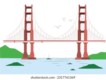 Ilustración de líneas vectoriales en el horizonte de San Francisco California. Fondo con vistas a la ciudad. Foto de viaje de San Francisco. Puente Puerta de Oro a través del estrecho. Puente de San Francisco. Puente Golden Gate.