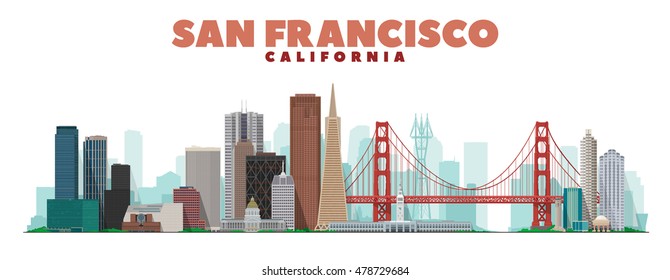 San Francisco California skyline vector lines illustration. Background with city panorama. Travel picture.