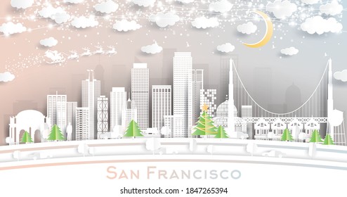 San Francisco California USA City Skyline in Paper Cut Style with Snowflakes, Moon and Neon Garland. Vector Illustration. Christmas and New Year Concept. Santa Claus on Sleigh.