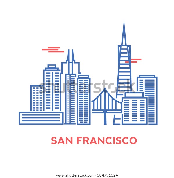 サンフランシスコの都市建築レトロなベクターイラスト 高層ビルシルエット 高層ビル ストロークデザイン のベクター画像素材 ロイヤリティフリー