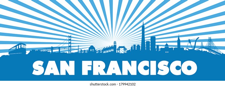 San Francisco City Blue sun rays Skyline Silhouette vector artwork