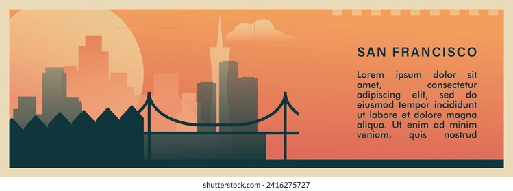 San Francisco city brutalism vector banner with skyline, cityscape. USA California state retro horizontal illustration. United States of America travel layout for web presentation, header, footer