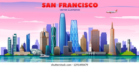 San Francisco city ( California ) skyline. Vector Illustration. Business travel and tourism concept with modern buildings. Image for banner or web site.