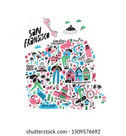 San Francisco city cartoon map vector illustration. California metropolis tourist landmarks, attractions doodle drawings. USA travel flat hand drawn infographic. San Francisco sightseeing places guide