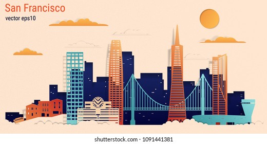 San Francisco city colorful paper cut style, vector stock illustration. Cityscape with all famous buildings. Skyline San Francisco city composition for design 