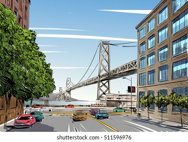 San Francisco city hand drawn. Oakland Bay Bridge sketch, vector illustration