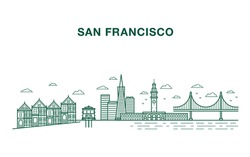 San Francisco City Illustration With Most Famous Landmarks Made In Line Art Style