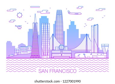 San Francisco city line art Vector illustration with all famous building. Cityscape banner in a trendy modern style, typographic composition of gradient lines and background 