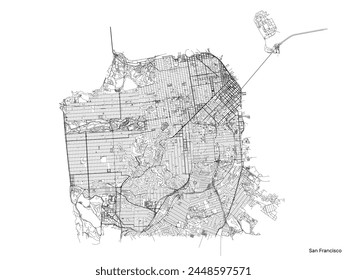 Stadtplan von San Francisco mit Straßen und Straßen, Vereinigte Staaten. Gliederungsanzeige der Vektorgrafik.