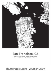 San Francisco city map. Travel poster vector illustration with coordinates. San Francisco, California, The United States of America Map in light mode.