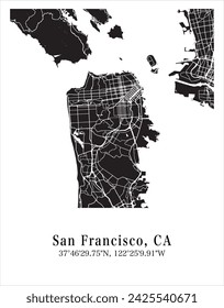 Mapa de San Francisco. Ilustración vectorial de póster de viaje con coordenadas. San Francisco, California, Estados Unidos de América Mapa en modo oscuro.