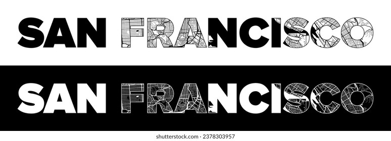 San Francisco City Name (United States, North America) with black white city map illustration vector