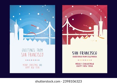 San Francisco city poster with Christmas skyline, cityscape, landmarks. Winter USA holiday, New Year vertical vector layout for California state brochure, website, flyer, leaflet, card