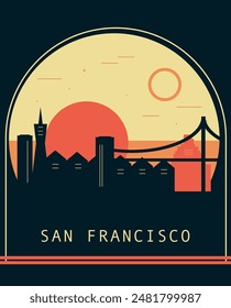 San Francisco city retro style poster with skyline, cityscape. USA California state vintage vector illustration. US front cover, brochure, flyer, leaflet template, layout image