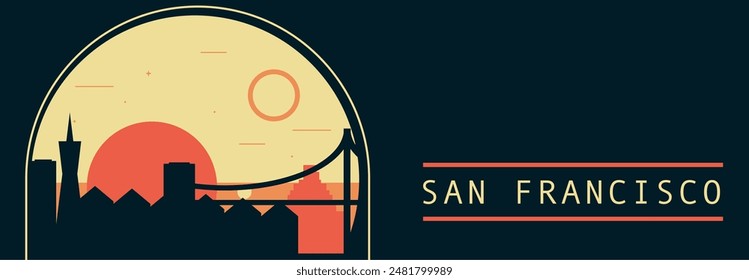 Anuncio de Vector de estilo retro de la ciudad de San Francisco con horizonte, paisaje urbano. Ilustración Horizontal vintage del estado de California. Diseño de viajes de los Estados Unidos de América para presentación de Web, encabezado, pie de página