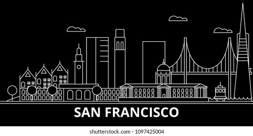 San Francisco city silhouette skyline. USA - San Francisco vector, american linear architecture. San Francisco city travel illustration, outline landmarks. USA flat icon, american line banner