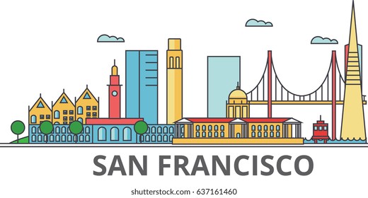 San Francisco city skyline: buildings, streets, silhouette, architecture, landscape, panorama, landmarks. Editable strokes. Flat design line vector illustration concept. Isolated icons on background