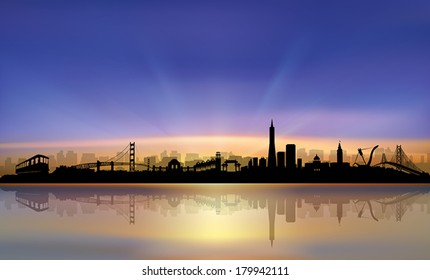 San Francisco City Skyline colorful beautiful Sunset Silhouette vector artwork