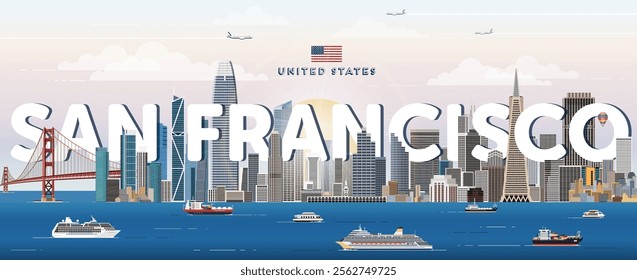 San Francisco city skyline colorful vector illustration. Travel poster