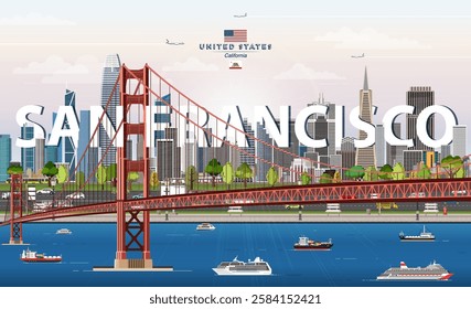 San Francisco city skyline colorful vector illustration. Travel poster