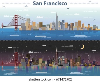 San Francisco city skyline at day and night vector illustration