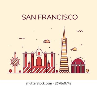 San Francisco City skyline detailed silhouette. Trendy vector illustration, line art style.