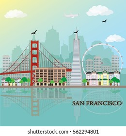 San Francisco city skyline with famous landmarks. Flat style vector illustration.
