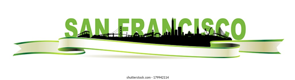 San Francisco City Skyline with green banner Silhouette vector artwork