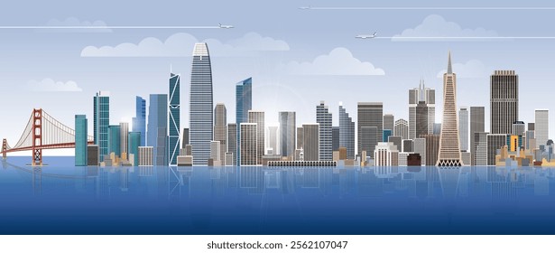 San Francisco city skyline on gradient beautiful day sky background. Vector illustration