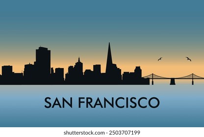 San Francisco. The city skyline. Silhouettes of buildings. The sunset of the day. Vector on a blue background