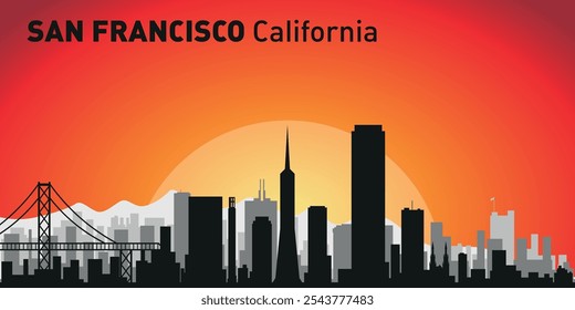 Horizonte de la ciudad de San Francisco con siluetas de edificios con el telón de fondo de un Grande sol amarillo y cielo naranja. Vector en el fondo de la puesta del sol