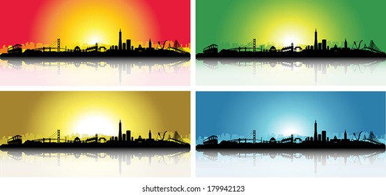 San Francisco City Skyline Sunrise Set Silhouette vector artwork