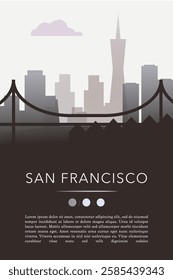 San Francisco city template for website, presentation, front page, invitation, publication sheet with skyline, landmarks. Vector California state, USA image layout, simple and grayscale