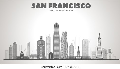 San Francisco city (usa) line skyline with panorama in white background. Vector Illustration. Business travel and tourism concept with modern buildings. Image for banner or web site.