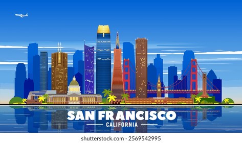 San Francisco City (USA) line skyline with panorama in white background. Vector Illustration. Business travel and tourism concept with modern buildings. Image for banner or website.