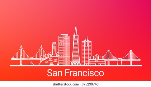 San Francisco city white line colorful background  All San Francisco buildings    customizable objects and opacity mask  so you can simple change composition   background  Line art 