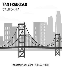 San Francisco Cityscape Monochrome Illustration. Golden Gate Bridge Black and White Flat Drawing. Skyscrapers Silhouettes on Background. USA Architectural Landmark Vector Retro Travel Postcard