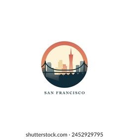 San Francisco cityscape, vector gradient badge, flat skyline logo, icon. USA, California state city round emblem idea with landmarks and building silhouettes. Isolated abstract graphic