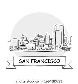 San Francisco Cityscape Vector Sign. Line Art Illustration with Ribbon and Title.